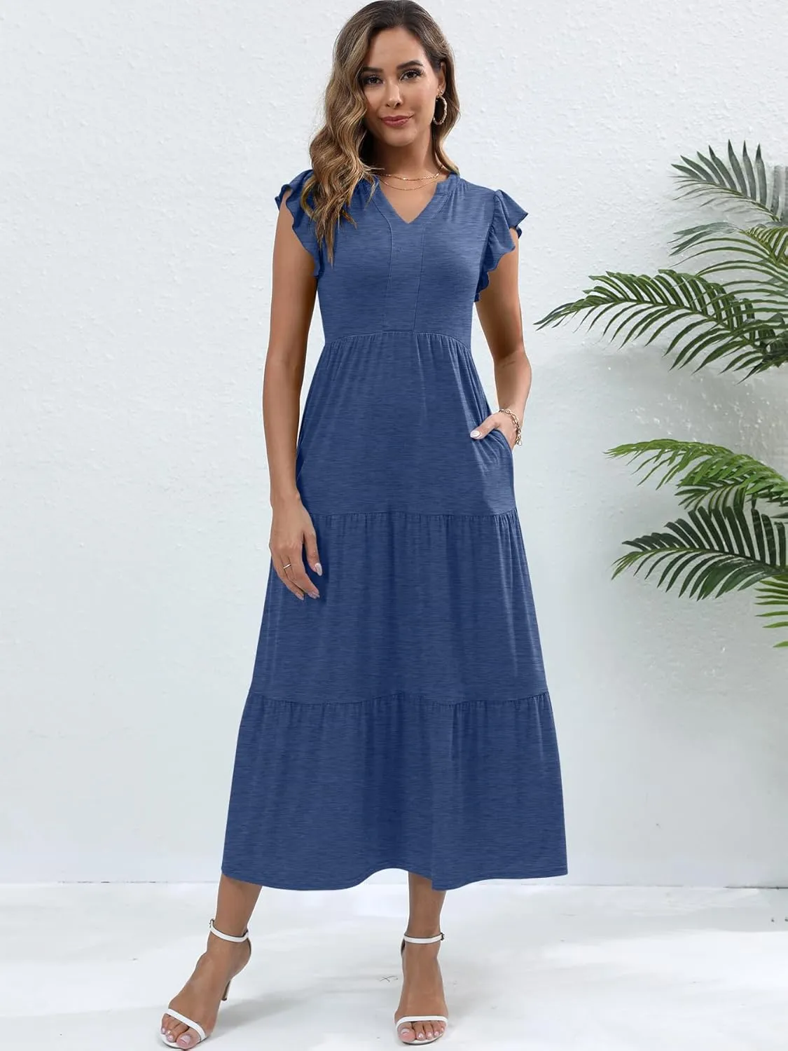 Womens Summer Casual Maxi Dress V Neck Ruffle Sleeve Sundress Fashion Flowy Tiered Boho Beach Vacation Long Dresses