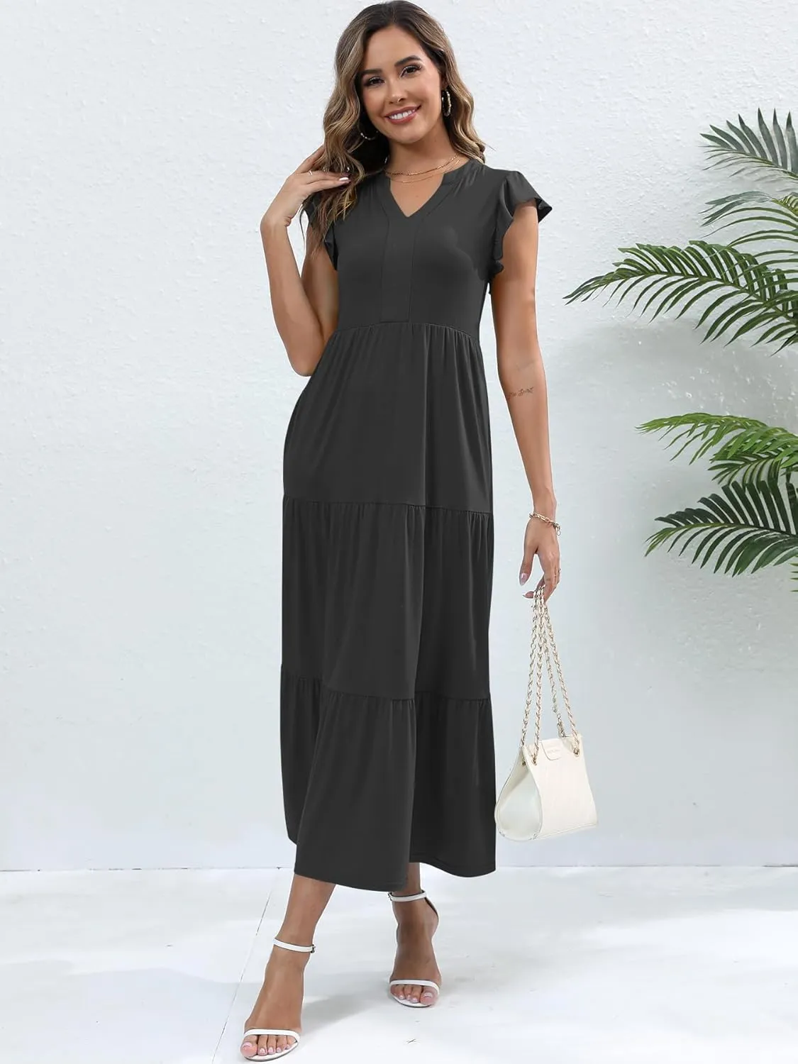 Womens Summer Casual Maxi Dress V Neck Ruffle Sleeve Sundress Fashion Flowy Tiered Boho Beach Vacation Long Dresses