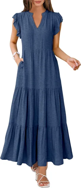 Womens Summer Casual Maxi Dress V Neck Ruffle Sleeve Sundress Fashion Flowy Tiered Boho Beach Vacation Long Dresses