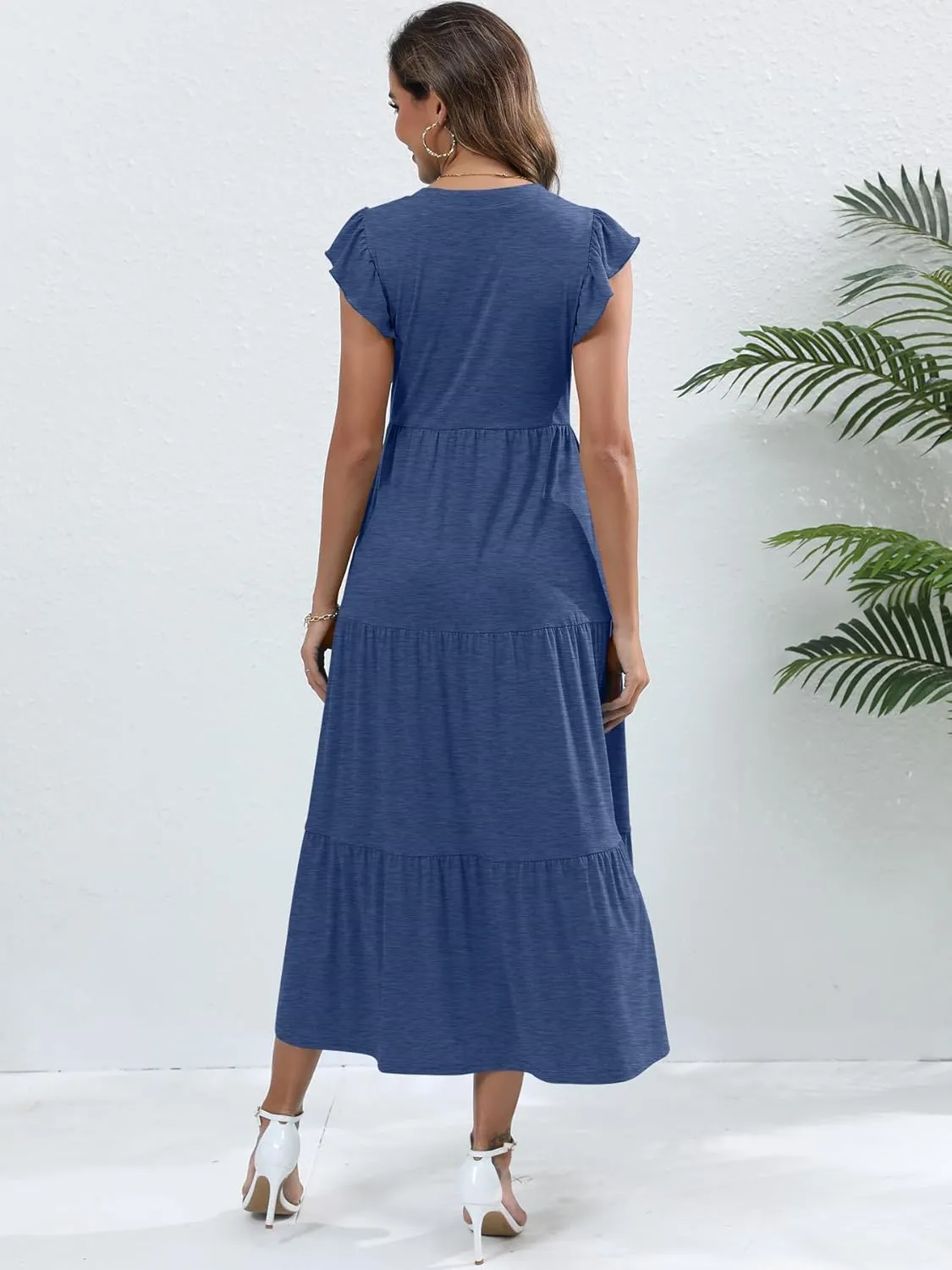 Womens Summer Casual Maxi Dress V Neck Ruffle Sleeve Sundress Fashion Flowy Tiered Boho Beach Vacation Long Dresses