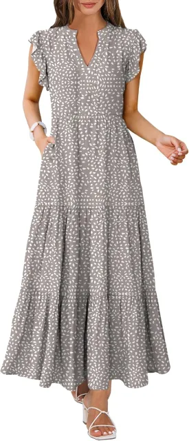 Womens Summer Casual Maxi Dress V Neck Ruffle Sleeve Sundress Fashion Flowy Tiered Boho Beach Vacation Long Dresses