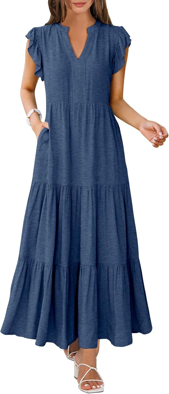 Womens Summer Casual Maxi Dress V Neck Ruffle Sleeve Sundress Fashion Flowy Tiered Boho Beach Vacation Long Dresses