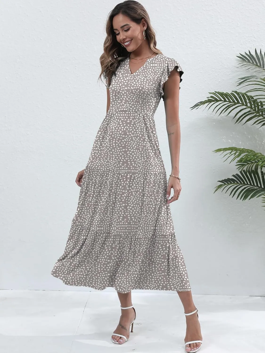 Womens Summer Casual Maxi Dress V Neck Ruffle Sleeve Sundress Fashion Flowy Tiered Boho Beach Vacation Long Dresses
