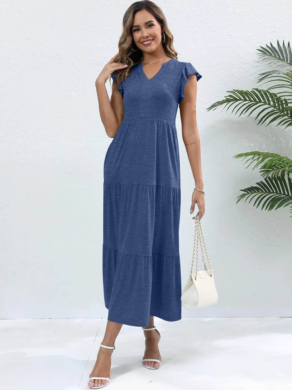 Womens Summer Casual Maxi Dress V Neck Ruffle Sleeve Sundress Fashion Flowy Tiered Boho Beach Vacation Long Dresses
