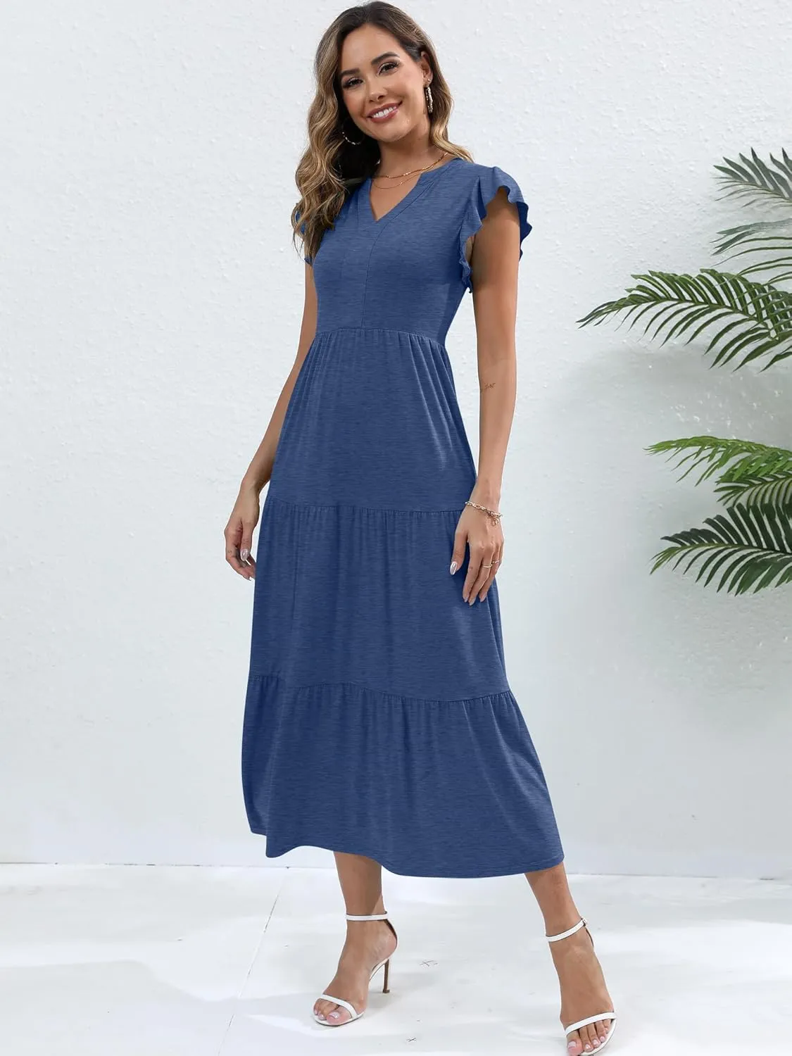 Womens Summer Casual Maxi Dress V Neck Ruffle Sleeve Sundress Fashion Flowy Tiered Boho Beach Vacation Long Dresses