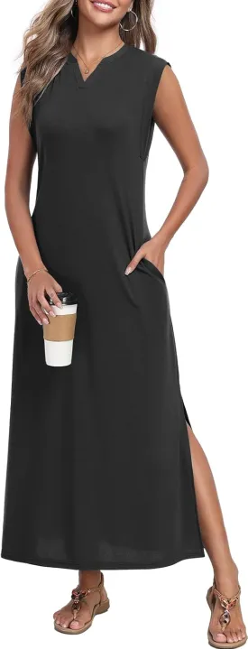 Women's Summer Slit Maxi Dress Casual V Neck Loose Long Dresses with Pockets(XS-3XL)