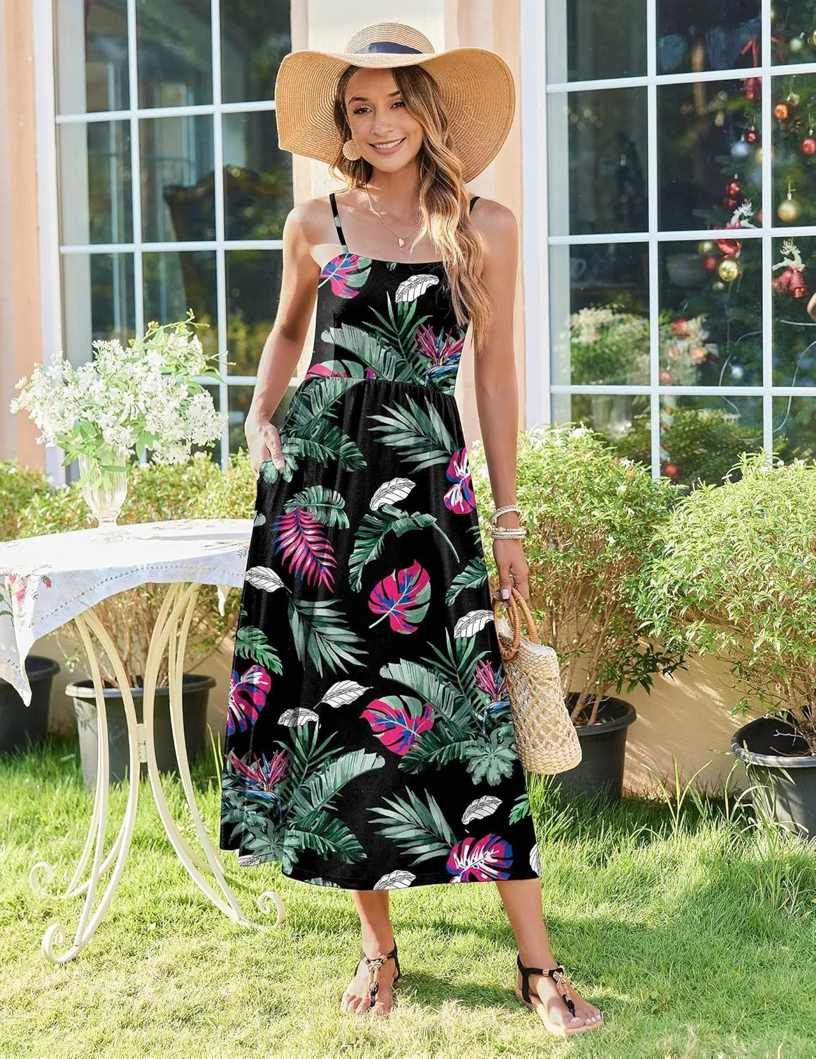 Zeagoo Women's Summer Casual Boho Sundress Spaghetti Strap Square Neck Flowy Midi Dresses A Line Beach Dress with Pockets