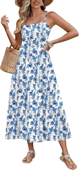 Zeagoo Women's Summer Casual Boho Sundress Spaghetti Strap Square Neck Flowy Midi Dresses A Line Beach Dress with Pockets