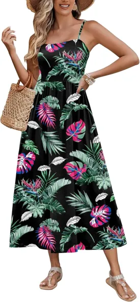 Zeagoo Women's Summer Casual Boho Sundress Spaghetti Strap Square Neck Flowy Midi Dresses A Line Beach Dress with Pockets